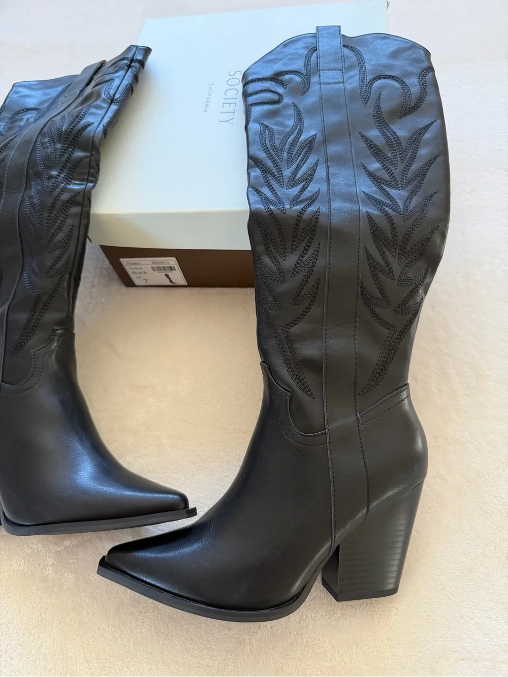 Oasis Society Black Over-the-Knee Western Embroidered Pointed Boots